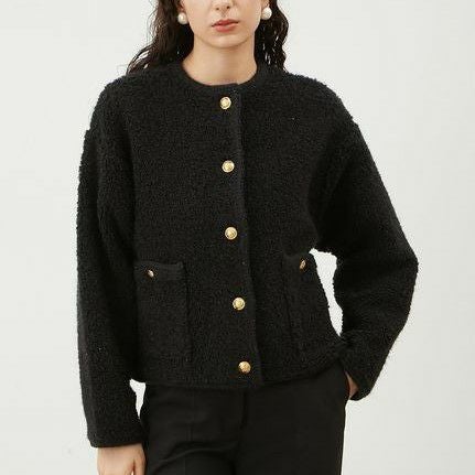 Mila Owen/ミラオーウェン】金釦ノーカラーコンパクトラメニット